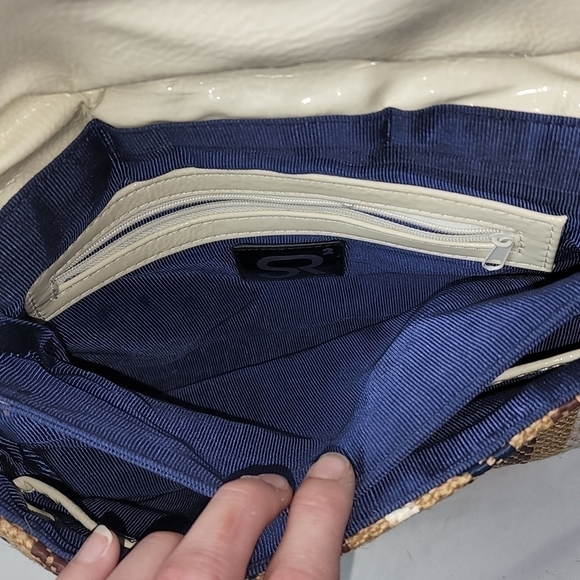 Baguette Satchel Striped Neutral Crossbody or Shoulder Canvas & Leather Handbag - Picture 8 of 11